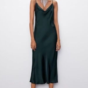 Zara — Emerald Green Satin Cowl Neck Midi Dress Medium